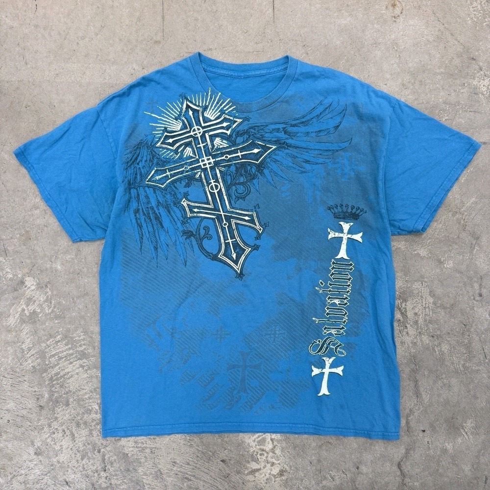 Vintage y2k Cross Jesus Art Graphic Blue Tee Shirt - XL